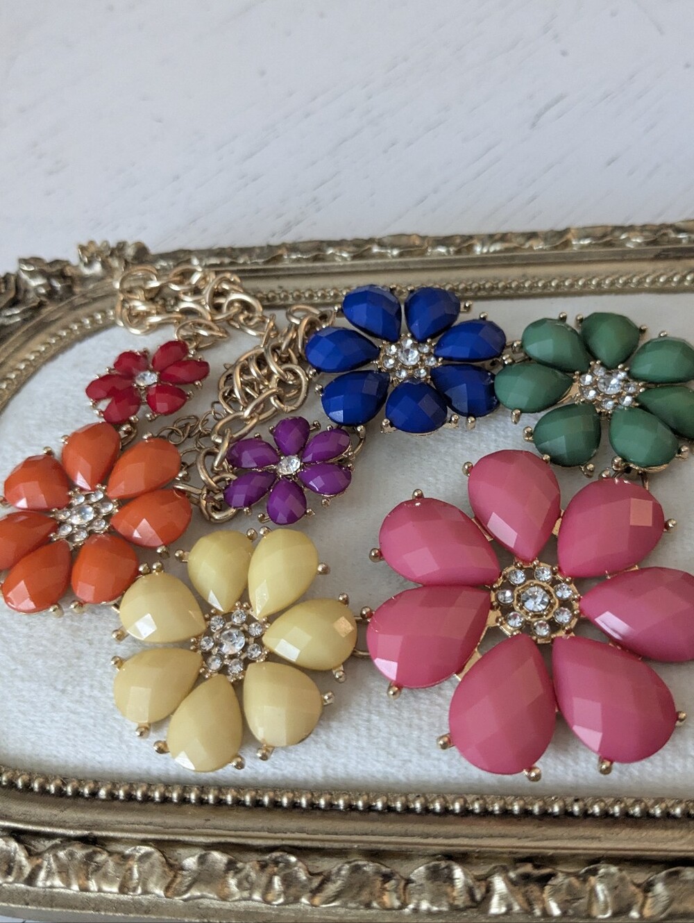 Colorful Floral Statement Necklace | Gold Tone Rhinestone Bib Necklace - Picture 2 of 4